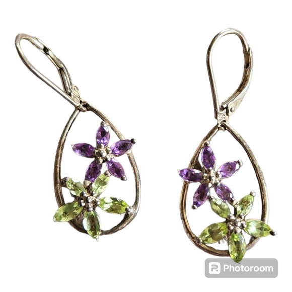 Vintage Sterling Silver Drop Amethyst & Peridot Earrings - Picture 1 of 2